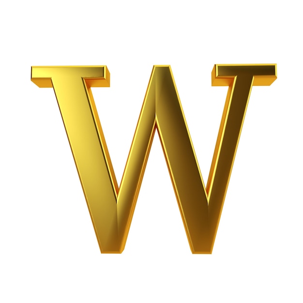 Lettera W in oro lucido su sfondo bianco semplice Rendering 3D