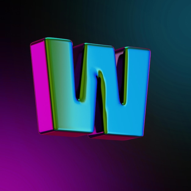 lettera w Neon metallo colorato 3d reso illustrazione colore blu e viola isolato. Illustrazione 3D