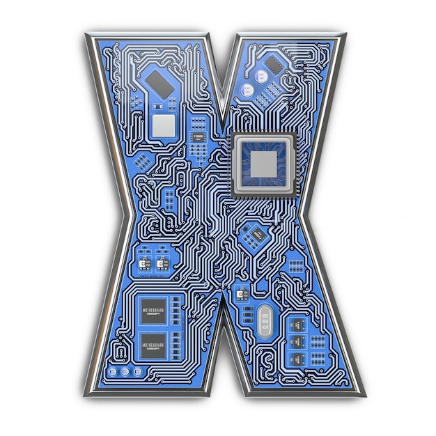 Lettera X Alfabeto in stile circuito stampato Lettera hitech digitale isolata on white