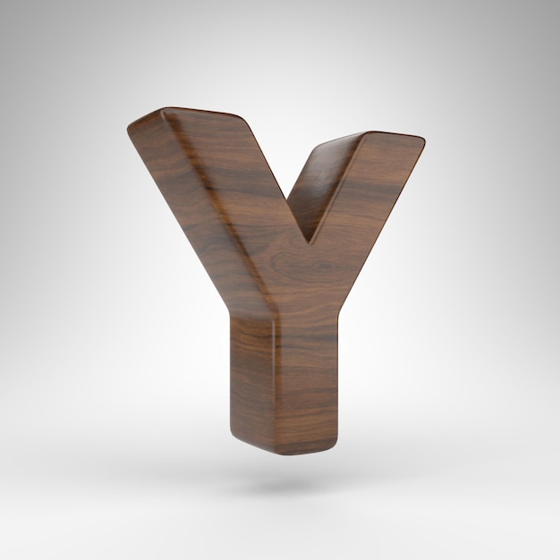 Lettera Y maiuscola su sfondo bianco. Carattere 3D renderizzato rovere scuro con struttura in legno marrone.