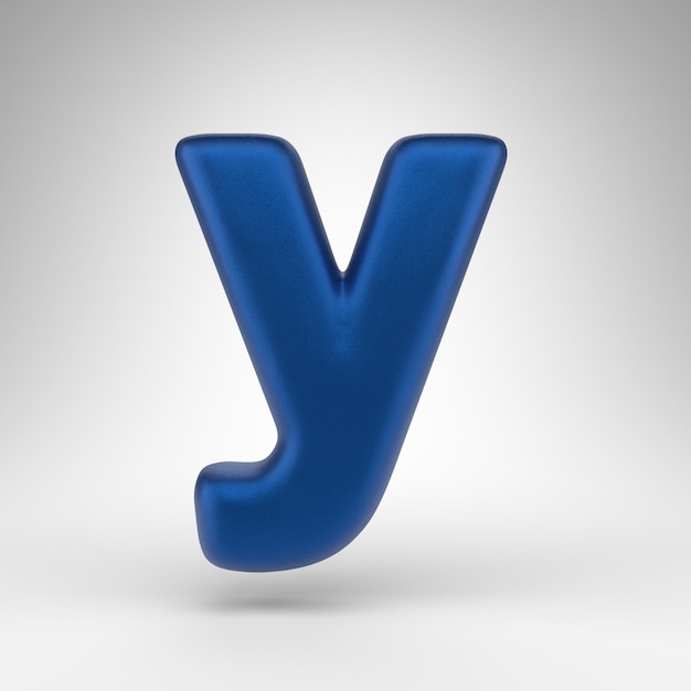 Lettera Y minuscola su sfondo bianco. Carattere di rendering 3D blu anodizzato con texture opaca.