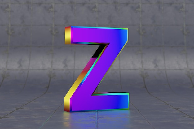 Lettera Z maiuscola 3d multicolore. Lettera iridescente lucida sul fondo delle mattonelle. Alfabeto metallico con riflessi di luce da studio. carattere di carattere reso 3D.