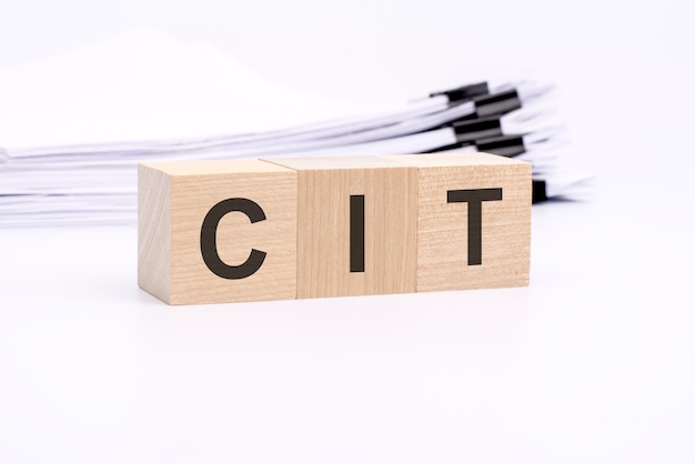 Lettere CIT su cubi di legno lo sfondo è un concetto di finanza di documenti aziendali bianchi