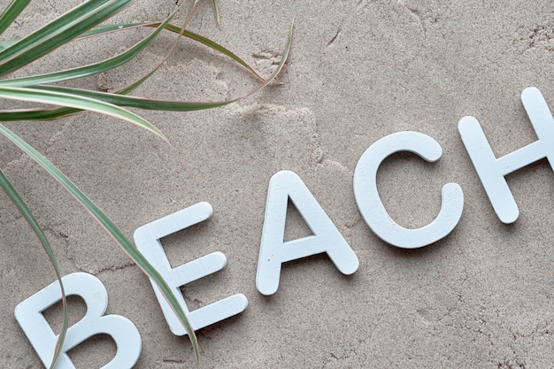 Lettere decorative in legno "spiaggia" su sabbia bagnata con foglie di palma