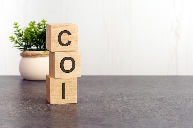 Lettere dell'alfabeto di COI su cubi di legno pianta verde su sfondo bianco COI abbreviazione di Cost of Illness