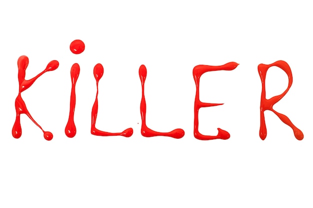 Lettere di testo killer macchia gocce lettere isolate su uno sfondo bianco.