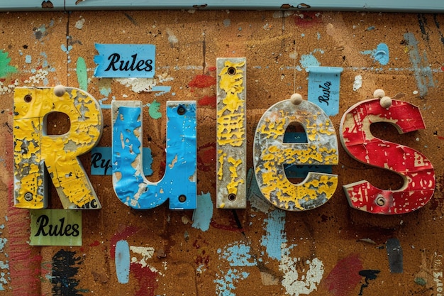Lettere Rules colorate in diversi caratteri montate su uno sfondo testurato