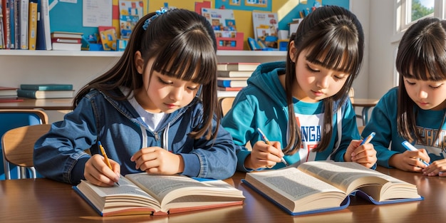 Lettering del primo giorno di scuola con gli studenti che leggono