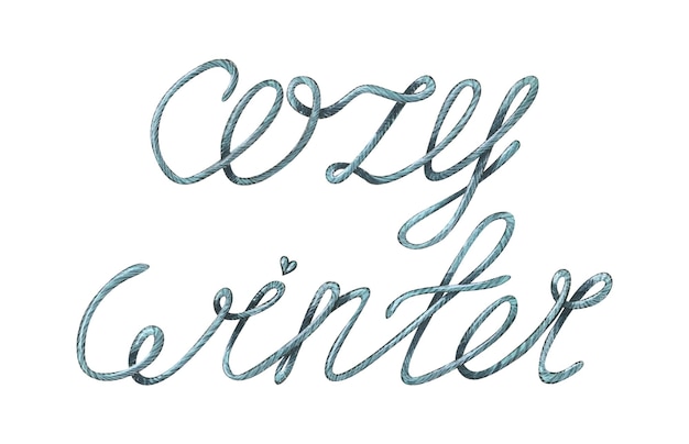 Lettering fatto di filo spesso per maglieria colore blu Illustrazione ad acquerello Oggetti isolati da un grande set di COSY WINTER Per la decorazione di design di cartoline saluti poster