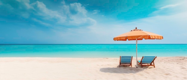 Letti da sole con ombrello e spiaggia di sabbia una spiaggia tropicale con sabbia bianca e acqua turchese