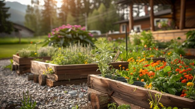 Letti di legno in un giardino moderno che coltivano piante, erbe, spezie, verdure e fiori vicino a un giardino di legno