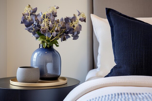 Lettiera blu navy con fiori in vaso sul comodino di un letto king size