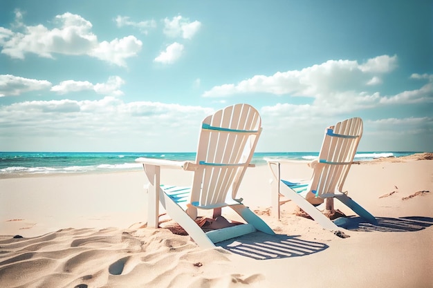 Lettini da spiaggia vicino al mare Concetto di vacanza estiva Bandiera del turismo per le vacanze estive