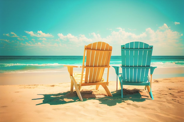 Lettini da spiaggia vicino al mare Concetto di vacanza estiva Bandiera del turismo per le vacanze estive