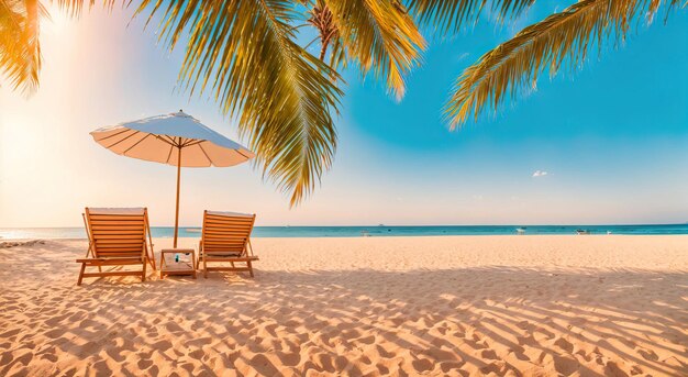 lettini sulla spiaggia palme AI generativa