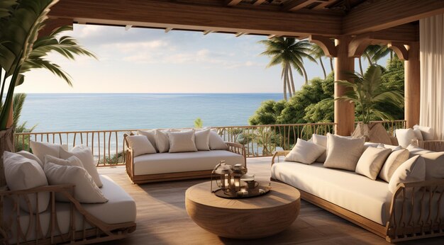 lettini sulla terrazza con vista sulla spiaggia generativa IA