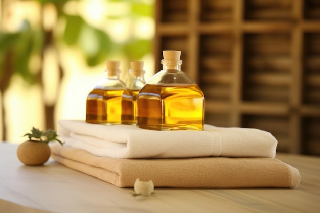 Lettino da massaggio vuoto con oli e asciugamani in una spa