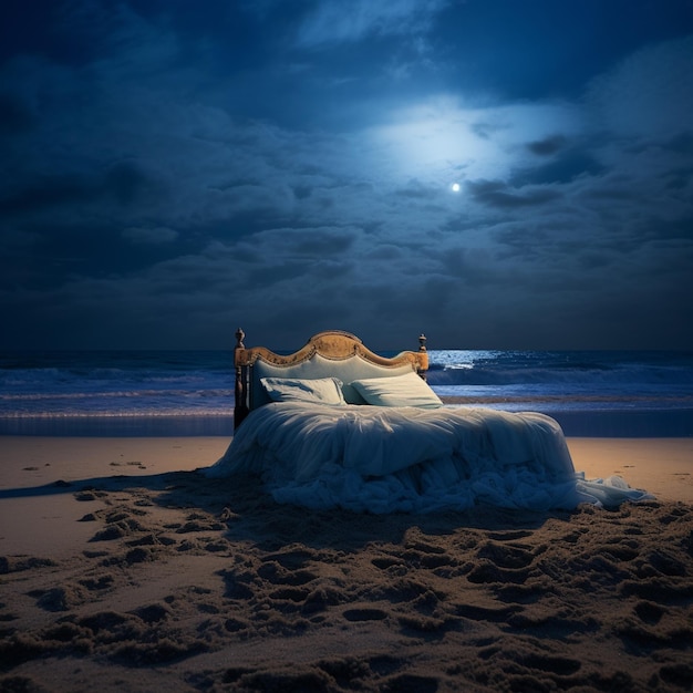 letto arafed su una spiaggia con una luna piena nel cielo generativo ai