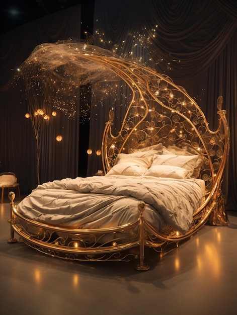 Letto Araffe con baldacchino fatto di rami d'oro e luci generative ai