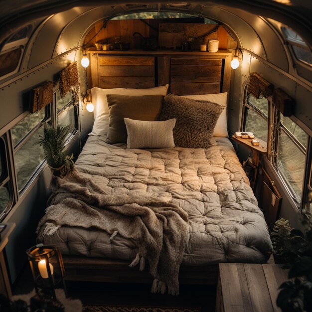 letto arazzo in un autobus con una coperta e cuscini generativo ai