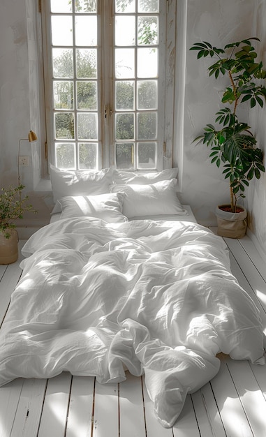 Letto bianco e cuscini in una stanza illuminata dal sole con finestra e pianta