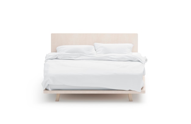 Letto bianco vuoto, vista frontale, isolato, rendering 3d.