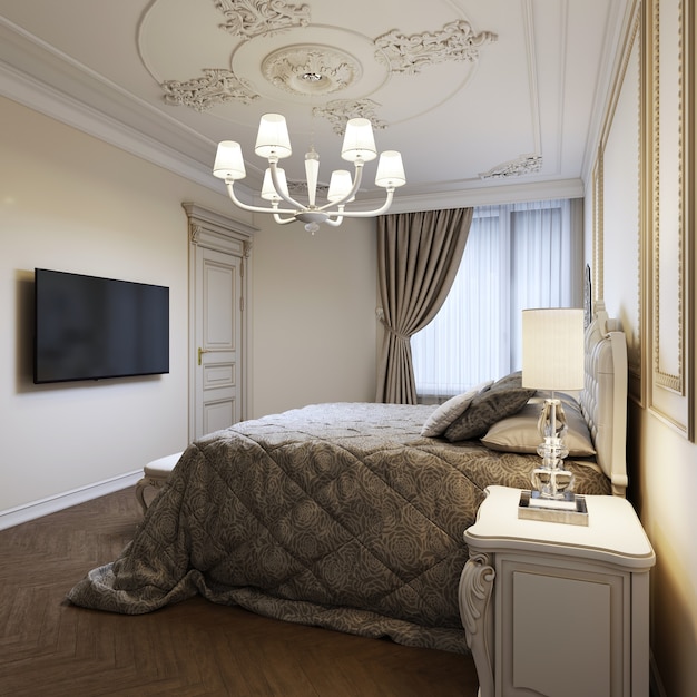 Letto classico con comodini e lampade da notte in stile camera da letto art deco. rendering 3D.