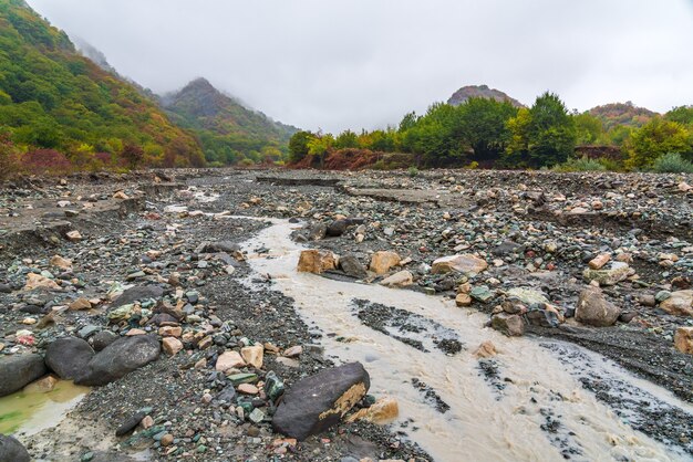 Letto del fiume di montagna nella stagione autunnale