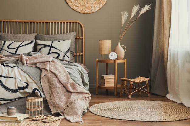 Letto in legno in interni eleganti e neutri della camera da letto con mobili di design, decorazioni, tappeti, libri, fiori secchi in vaso, lenzuola, coperte, cuscini ed eleganti accessori personali nell'arredamento della casa