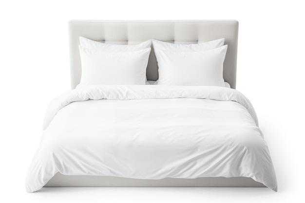 Letto isolato con due cuscini e biancheria bianca su sfondo bianco