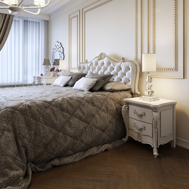 Letto king size in camera da letto luminosa con grande finestra. rendering 3d