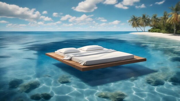 Letto matrimoniale galleggiante in mezzo all'acqua, biancheria da letto elegante, mare tropicale blu tutto intorno