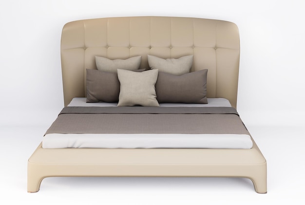 Letto matrimoniale in pelle beige con mobili 3d isolato su sfondo bianco con tracciato di ritaglio Design decorativo per camera da letto