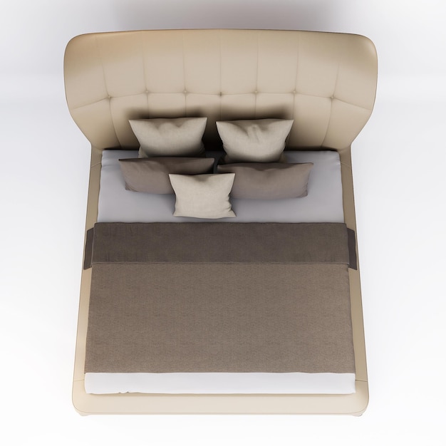 Letto matrimoniale in pelle beige con mobili 3d isolato su sfondo bianco con tracciato di ritaglio Design decorativo per camera da letto