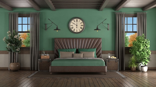 Letto matrimoniale in pelle in una stanza verde con due finestre in legno