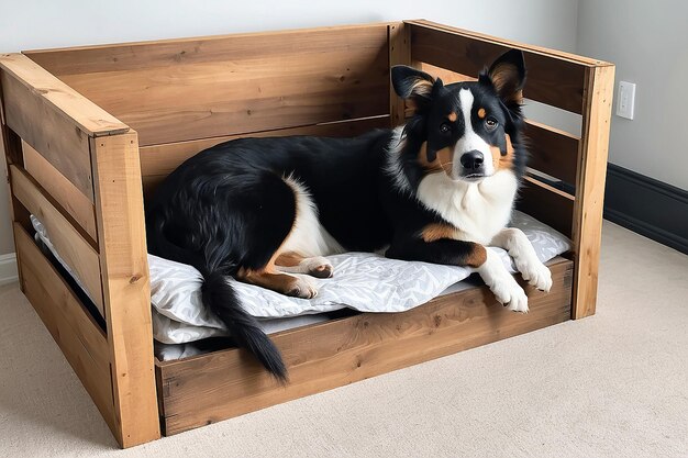 Letto per animali domestici in cassa di legno con lenzuola accogliente