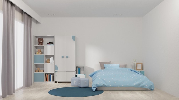 Letto tra scala e pianta nell'interno della camera da letto con moquette blu scuro sui pavimenti, rendering 3d