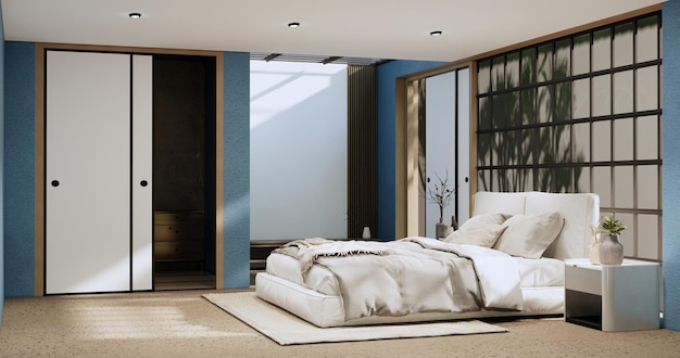 Letto Wabi sabi e piante decorative nel rendering 3D della camera blu giapponese