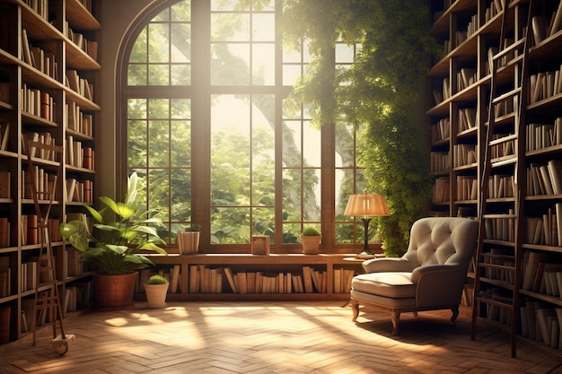 lettura in biblioteca con sala luminosa