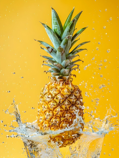 Levitating Pineapple with Splashing Water on Sunny Yellow Background