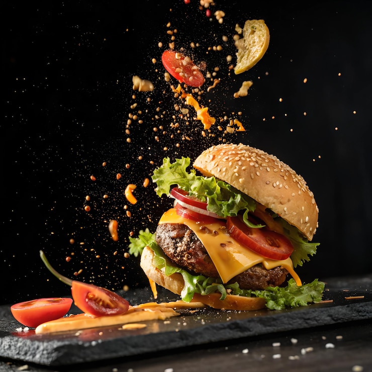 Foto levitazione del burger su uno sfondo nero