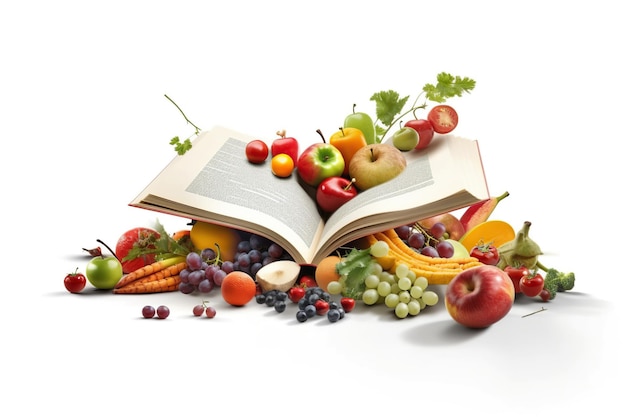 Levitazione del ricettario aperto con frutta e verdura fresca