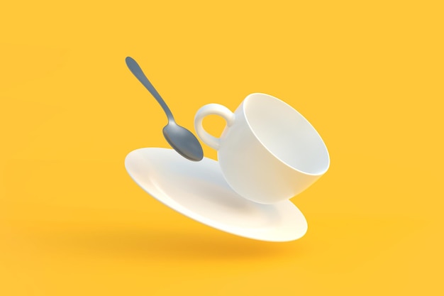 Levitazione della tazza di caffè con un cucchiaio Tazza bianca che vola in aria su sfondo giallo brillante 3D