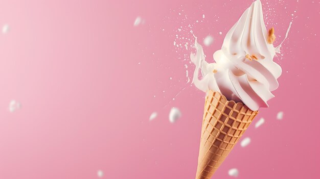 Levitazione scoop di gelato rosa con cono su sfondo rosa