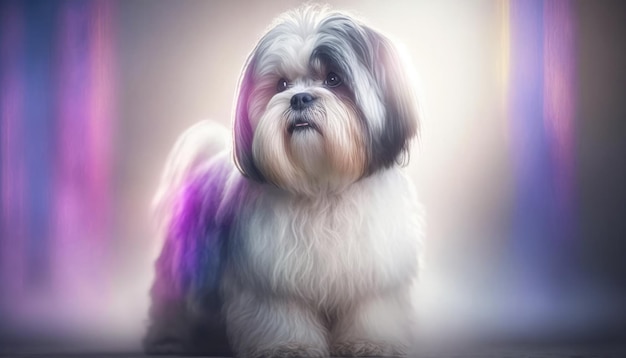 Lhasa Apso Cane Primo piano Bianco Rosa Blu Fantasia magica Bokeh IA generativa