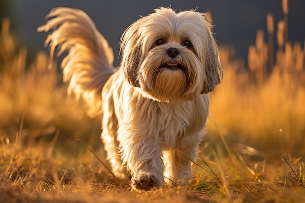 lhasa apso che cammina sull'erba