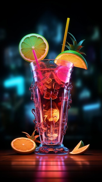 Libagioni vivaci Un'insegna al neon attira con un cocktail tropicale e uno sfondo mobile verticale con un ombrello