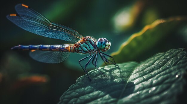 Libellula che riposa su un'ai macrogenerativa del primo piano verde della foglia