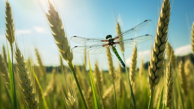 libellula su un campo di grano con il sole alle spalle