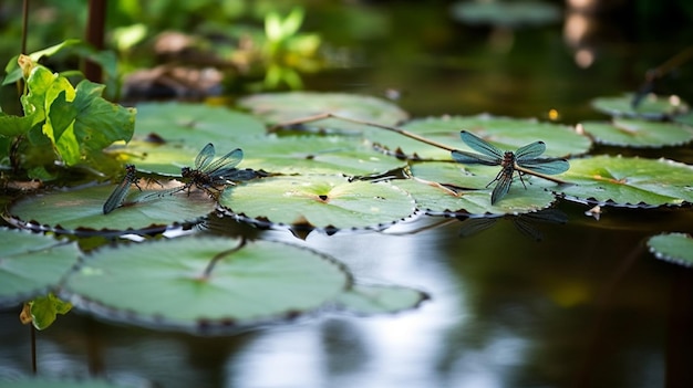 Libellula su una ninfea in uno stagno